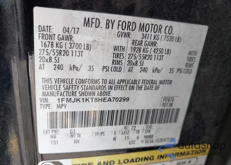 2017 Ford Expedition El Limited из США, поврежденный, VIN 1FMJK1KT8HEA70299